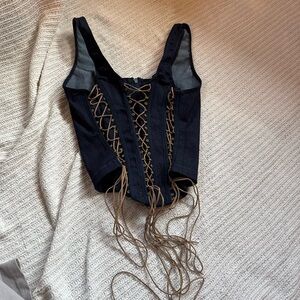 Denim and leather lace Corset Top with Lace-Up Detail